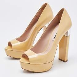 Miu Miu Beige Patent Leather Peep Toe Platform Pumps Size 36
