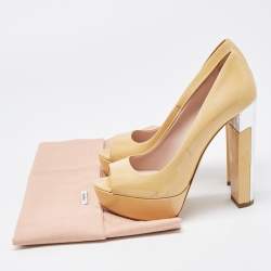 Miu Miu Beige Patent Leather Peep Toe Platform Pumps Size 36