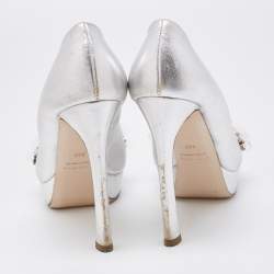 Miu Miu Silver Leather Embellished Peep Toe Platform Pumps Size 36.5