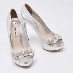 Miu Miu Silver Leather Embellished Peep Toe Platform Pumps Size 36.5