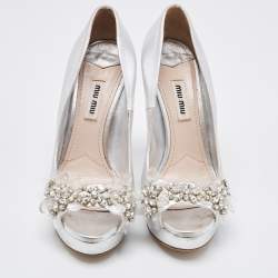 Miu Miu Silver Leather Embellished Peep Toe Platform Pumps Size 36.5