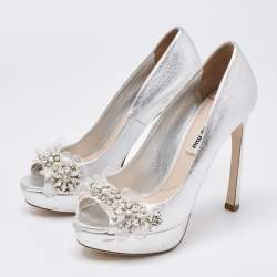 Miu Miu Silver Leather Embellished Peep Toe Platform Pumps Size 36.5