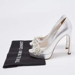 Miu Miu Silver Leather Embellished Peep Toe Platform Pumps Size 36.5