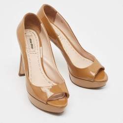 Pre Owned Miu Miu Beige Patent Leather Peep Toe Platform Pumps Size 36