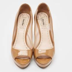 Pre Owned Miu Miu Beige Patent Leather Peep Toe Platform Pumps Size 36
