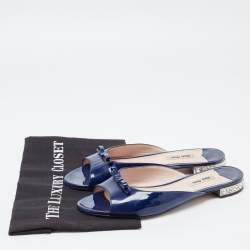 Pre Owned Miu Miu Navy Blue Patent Leather Bow Detail Jeweled Heel Flat Slides Size 39