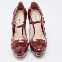 Pre Owned Miu Miu Burgundy Patent Leather Penny Loafer Platform Pumps Size 39.5