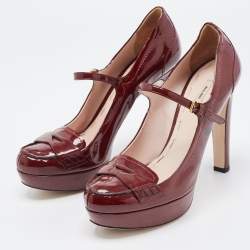Pre Owned Miu Miu Burgundy Patent Leather Penny Loafer Platform Pumps Size 39.5