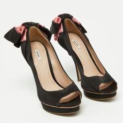 Miu Miu Black/Pink Satin Bow Peep Toe Pumps Size 38.5