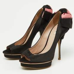 Miu Miu Black/Pink Satin Bow Peep Toe Pumps Size 38.5