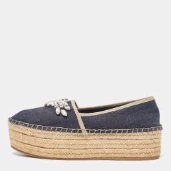 Pre Owned Miu Miu Blue Denim Crystal Embellished Platform Espadrille Flats Size 37.5