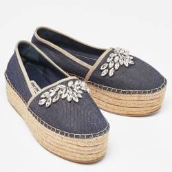 Pre Owned Miu Miu Blue Denim Crystal Embellished Platform Espadrille Flats Size 37.5