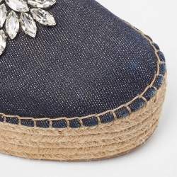 Pre Owned Miu Miu Blue Denim Crystal Embellished Platform Espadrille Flats Size 37.5