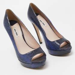 Miu Miu Blue Embossed Snakeskin Peep Toe Platform Pumps Size 38