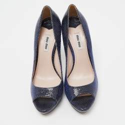 Miu Miu Blue Embossed Snakeskin Peep Toe Platform Pumps Size 38