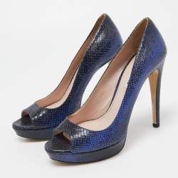 Miu Miu Blue Embossed Snakeskin Peep Toe Platform Pumps Size 38