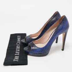 Miu Miu Blue Embossed Snakeskin Peep Toe Platform Pumps Size 38