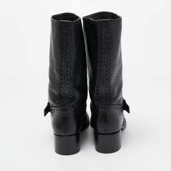 Miu Miu Black Brogue Leather Buckle Detail Mid Calf Boots Size 38.5