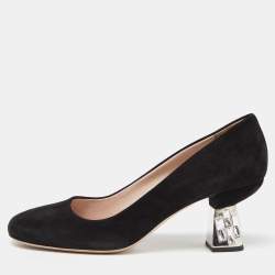 Miu Miu Black Suede Crystal Embellished Block Heel Pumps Size 38