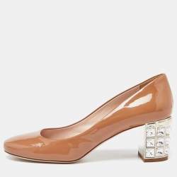 Miu Miu Beige Patent Leather Crystal Embellished Block Heel Pumps Size 38