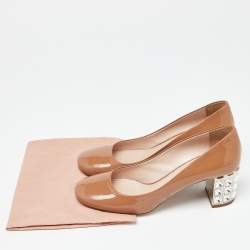 Miu Miu Beige Patent Leather Crystal Embellished Block Heel Pumps Size 38