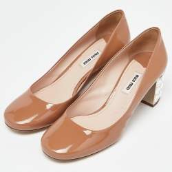 Miu Miu Beige Patent Leather Crystal Embellished Block Heel Pumps Size 38