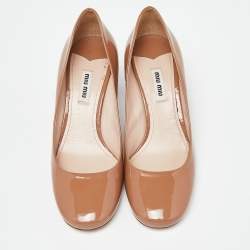 Miu Miu Beige Patent Leather Crystal Embellished Block Heel Pumps Size 38