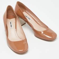 Miu Miu Beige Patent Leather Crystal Embellished Block Heel Pumps Size 38