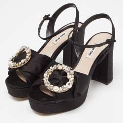 Miu Miu Black Satin Crystal Embellished Block Heel Ankle Strap Platform Sandals Size 39