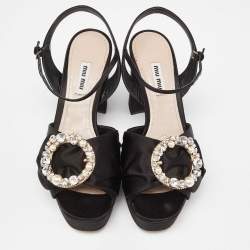 Miu Miu Black Satin Crystal Embellished Block Heel Ankle Strap Platform Sandals Size 39