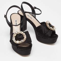 Miu Miu Black Satin Crystal Embellished Block Heel Ankle Strap Platform Sandals Size 39