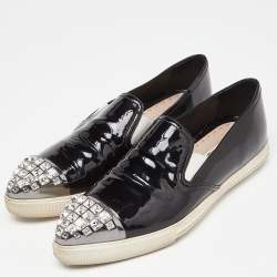 Miu Miu Black Patent Leather Crystals Embellished Slip On Loafers Size 37