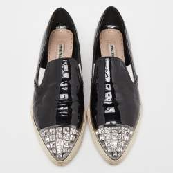 Miu Miu Black Patent Leather Crystals Embellished Slip On Loafers Size 37