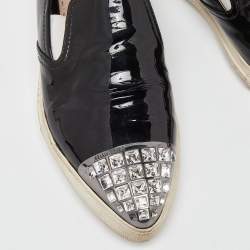 Miu Miu Black Patent Leather Crystals Embellished Slip On Loafers Size 37