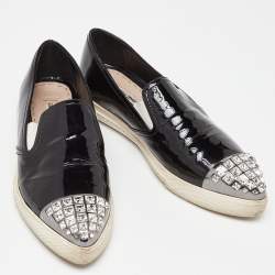 Miu Miu Black Patent Leather Crystals Embellished Slip On Loafers Size 37