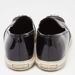 Miu Miu Black Patent Leather Crystals Embellished Slip On Loafers Size 37