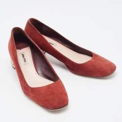 Miu Miu Burgundy Suede Crystal Embellished Block Heel Pumps Size 41