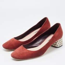Miu Miu Burgundy Suede Crystal Embellished Block Heel Pumps Size 41