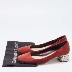 Miu Miu Burgundy Suede Crystal Embellished Block Heel Pumps Size 41
