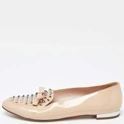 Miu Miu Beige Patent Leather Bow Spiked Flats Size 36.5 