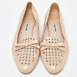 Miu Miu Beige Patent Leather Bow Spiked Flats Size 36.5 