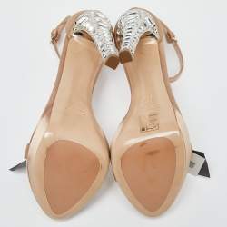 Miu Miu Beige Satin T Strap Crystal Embellished Heel Peep Toe Platform Sandals Size 37.5