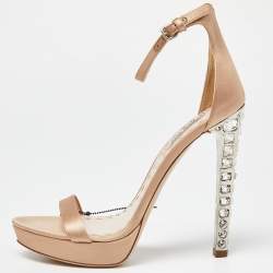 Miu Miu Beige Satin T Strap Crystal Embellished Heel Peep Toe Platform Sandals Size 37.5
