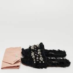 Miu Miu Black Fur Crystal Embellished Flat Slides Size 36