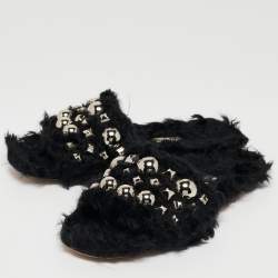 Miu Miu Black Fur Crystal Embellished Flat Slides Size 36