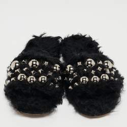 Miu Miu Black Fur Crystal Embellished Flat Slides Size 36
