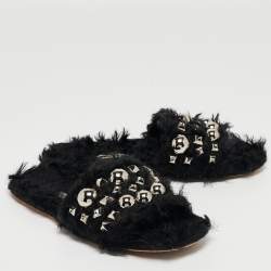 Miu Miu Black Fur Crystal Embellished Flat Slides Size 36