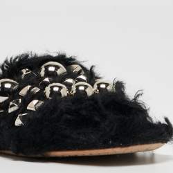 Miu Miu Black Fur Crystal Embellished Flat Slides Size 36