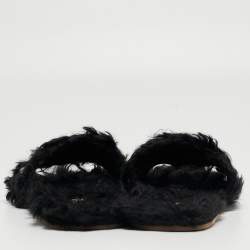 Miu Miu Black Fur Crystal Embellished Flat Slides Size 36
