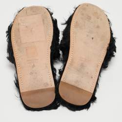 Miu Miu Black Fur Crystal Embellished Flat Slides Size 36